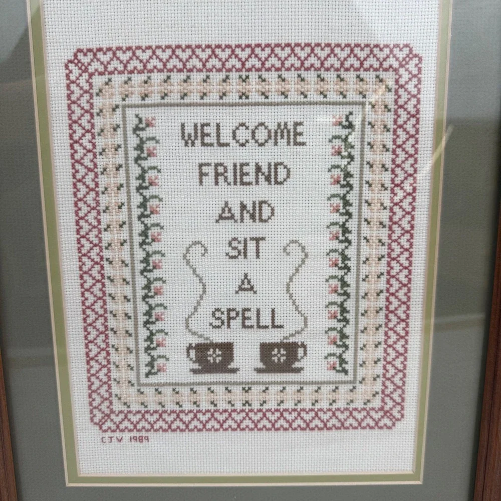 Vintage 1989 Handmade Cross Stitch Framed Art Welcome Friend Sit A Spell 11x14